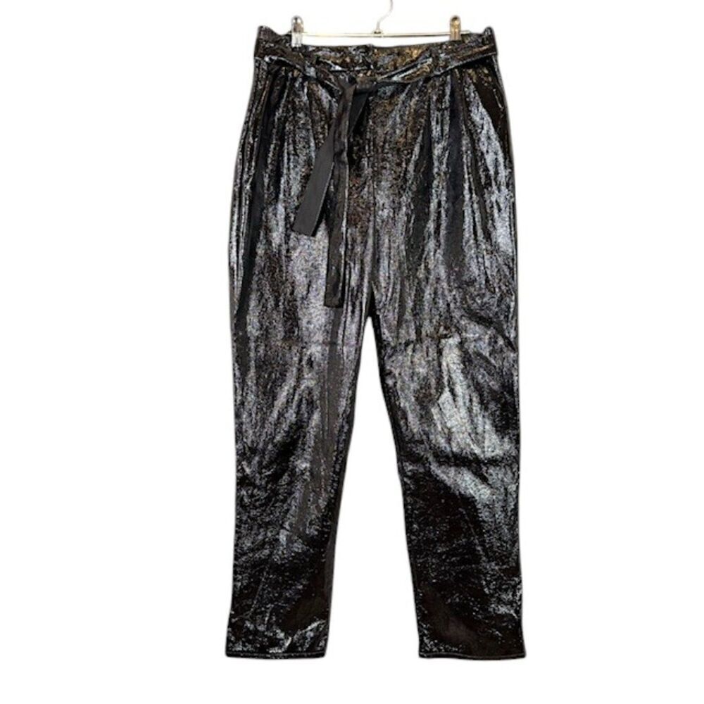 Who What Wear Black Polyurethane Belted Trouser Pants Pleated Dressy Size 4